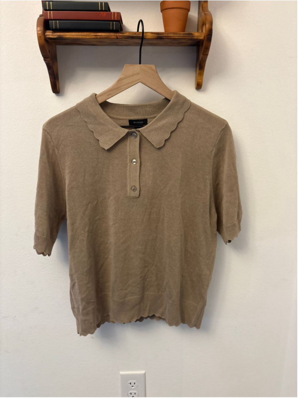 Halogen Scalloped Sweater Polo Beige Size 1 L NWT Linen Blend